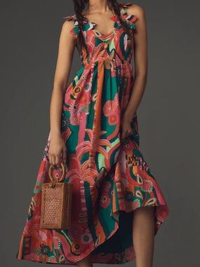 FARM Rio x Anthropologie Pleated Palm Midi Dress